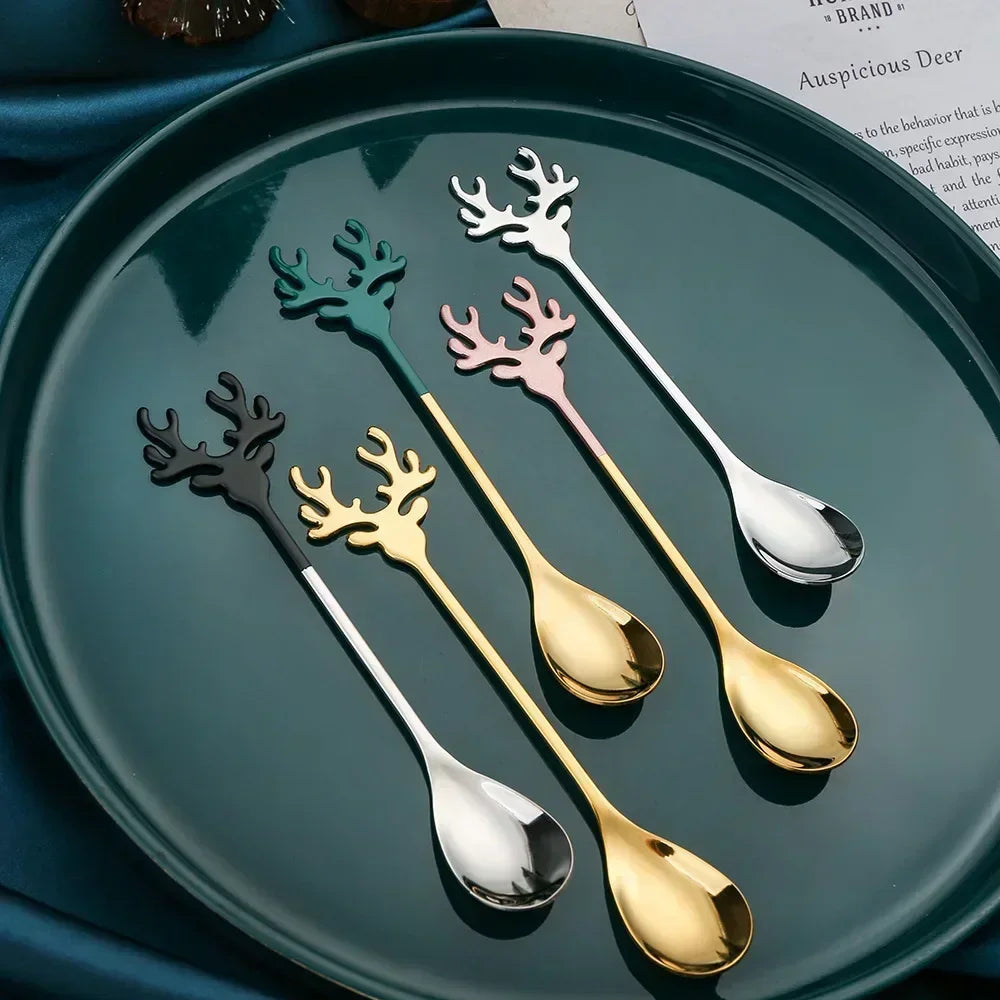 4pcs Christmas Elk Head Shaped Stainless Coffee Spoons