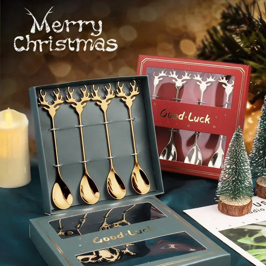 4pcs Christmas Elk Head Shaped Stainless Coffee Spoons