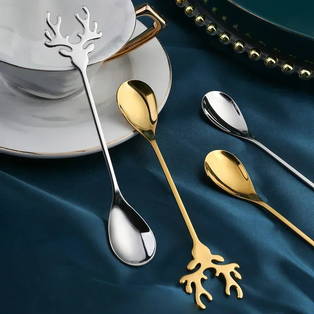 4pcs Christmas Elk Head Shaped Stainless Coffee Spoons